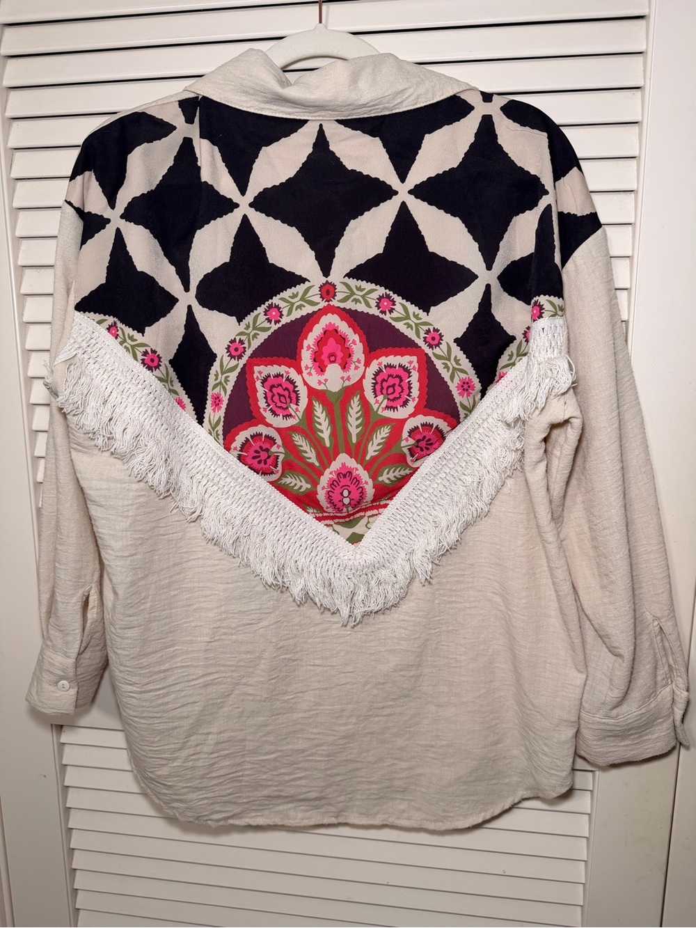 Fringe Accent Cream Button-Down Shirt with Pink Floral Back Panel